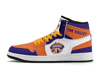Zapatillas de baloncesto del equipo Phoenix para hombre y mujer, zapatillas personalizadas, blancas, moradas y naranjas, regalos Phoenix.