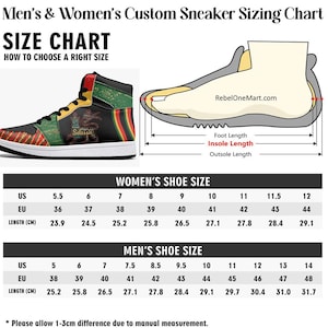 Peut inclure: Tableau des tailles de baskets personnalis&eacute;es pour femmes et hommes, avec tailles US et EU, et longueurs en centim&egrave;tres. L'image pr&eacute;sente une basket montante avec un design rouge, vert, jaune et noir. Le texte indique "Men's & Women's Custom Sneaker Sizing Chart".