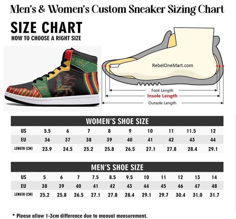 Peut inclure: Tableau des tailles de baskets personnalis&eacute;es pour femmes et hommes, avec tailles US et EU, et longueurs en centim&egrave;tres. L'image pr&eacute;sente une basket montante avec un design rouge, vert, jaune et noir. Le texte indique "Men's & Women's Custom Sneaker Sizing Chart".