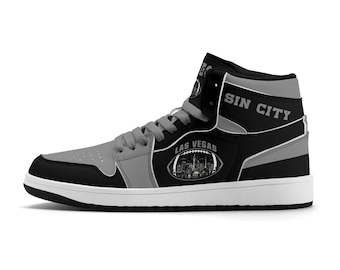 Las Vegas Footballschuhe, silber-schwarze High-Top-Sneaker für Damen und Herren, Fan-Schuhe aus Las Vegas, Geschenkidee für Nevada-Spieltage, Ausdruck des Vegas-Football-Stolzes