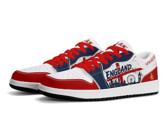 Scarpe da calcio dell'Inghilterra, sneakers basse con bandiera inglese per uomo e donna, scarpe da tifoso con cuore di leone, regalo per il mondo del calcio rosso e bianco, regalo per appassionati di calcio