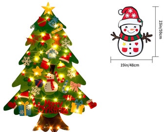 NEW 34pcs DIY Felt Christmas Tree Snowman Wall Hanging LED Light Craft Kit for Xmas Gifts for Kids Home Party Decoration Ornaments Toddlers