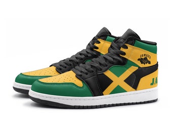 Couleurs du drapeau jamaïcain Chaussures Baskets montantes de basket-ball Chaussures rasta Baskets reggae Chaussures colorées rasta unisexe Rasta papa baskets cadeau pour homme