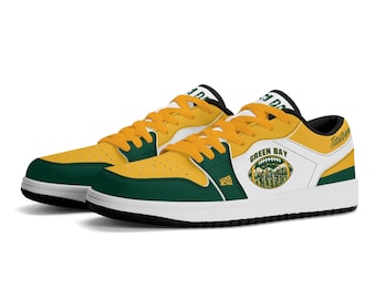 Green Bay Footballschuhe, Wisconsin Low Top Sneaker für Damen und Herren, Fan-Schuhe in Grün und Gold, Geschenkidee für den Spieltag, Ausdruck des Stolzes auf Green Bay