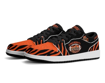 Cincinnati Football Team Schuhe für Damen und Herren, orange-schwarze Low-Top-Sneaker, Cincy Tiger Stripe Sneakers, Geschenkidee für Fans der Queen City Sports, Ohio