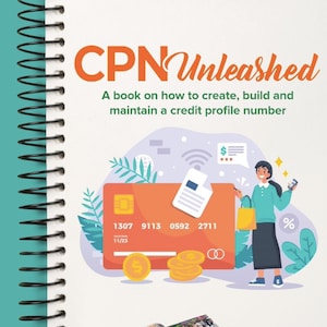 Op de afbeelding: Een wit spiraalgebonden boek met de titel "CPN Unleashed" in oranje letters. De omslag toont een creditcardafbeelding en een vrouw met boodschappentassen. De ondertitel legt uit hoe je een creditprofielnummer kunt creëren.