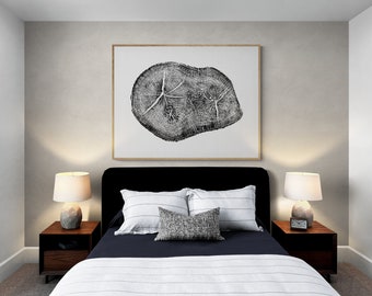 Large Red Oak, Handmade, Tree Ring Print, Wood Block Print, in High Quality Textured Black Ink