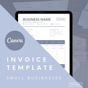 May include: A digital invoice template for small businesses. The template is on a tablet screen and features a simple design with a table for listing items, hours, price, and subtotal. The template is titled "Invoice Template" and includes the text "Small Businesses".