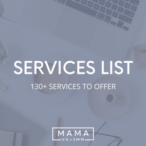 Puede incluir: Un ordenador portátil blanco con un teclado y un panel táctil, una taza de café, unas gafas, un lápiz y un cuaderno sobre una superficie blanca. El texto "SERVICES LIST" y "130+ SERVICES TO OFFER" se muestra en blanco sobre un fondo azul. El texto "MAMA VA+SMM" se muestra en blanco sobre un fondo negro.