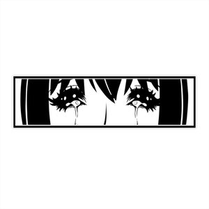 May include: Black and white illustration of a woman's face with large eyes and tears streaming down her cheeks.
