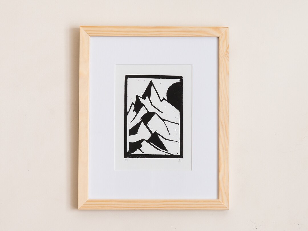 Original Black and White Linocut Print Mountains at Sunrise Etsy
