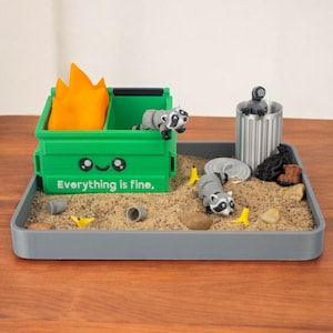 Garbage Fire Zen Garden - Fidget Dumpster Sandbox Toy - Cubicle Decor - Sensory Work Gift - Secret Santa - Mini Raccoon - Coworker Gag Gift