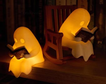 Reading Ghost Shelf Sitter - Glowing Bookshelf Decor - Cute Book Lover Gift - Halloween Ornament - Reading Nook & Library Decor
