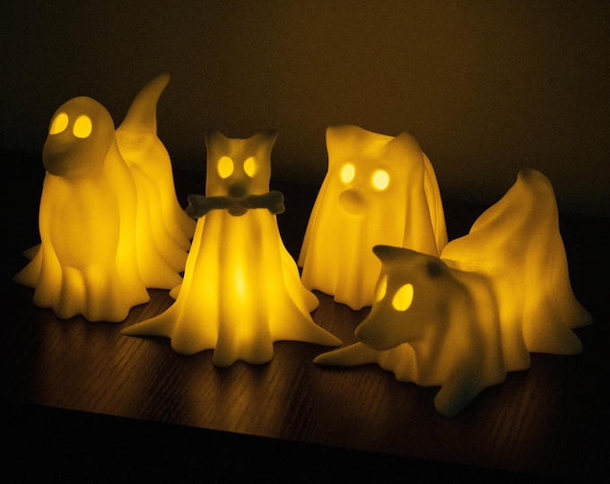 Ghost Dogs with LED Tea Lights - Halloween Home Decor - Gifts for Dog Lovers - Office Desk Autumn Decor - 3D Printed Ghost Pet Night Light