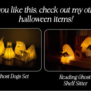 Pode incluir: Uma cole&ccedil;&atilde;o de figuras de fantasmas iluminadas. Um painel exibe um conjunto de quatro c&atilde;es fantasma com olhos e corpos amarelo brilhante. O segundo painel mostra duas figuras de fantasmas sentadas lendo livros, uma em uma pequena cadeira de balan&ccedil;o.