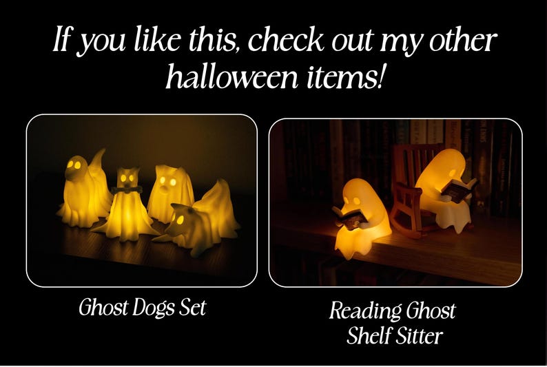 Pode incluir: Uma cole&ccedil;&atilde;o de figuras de fantasmas iluminadas. Um painel exibe um conjunto de quatro c&atilde;es fantasma com olhos e corpos amarelo brilhante. O segundo painel mostra duas figuras de fantasmas sentadas lendo livros, uma em uma pequena cadeira de balan&ccedil;o.