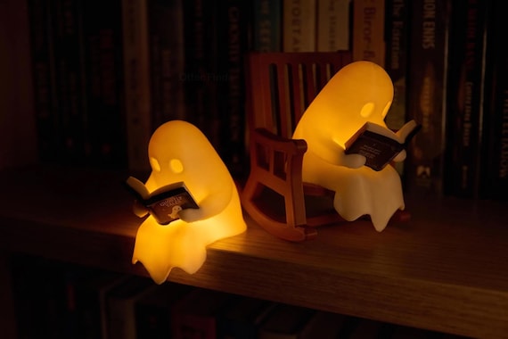 Reading Ghost Shelf Sitter - Glowing Bookshelf Decor - Cute Book Lover Gift - Halloween Ornament - Reading Nook & Library Decor