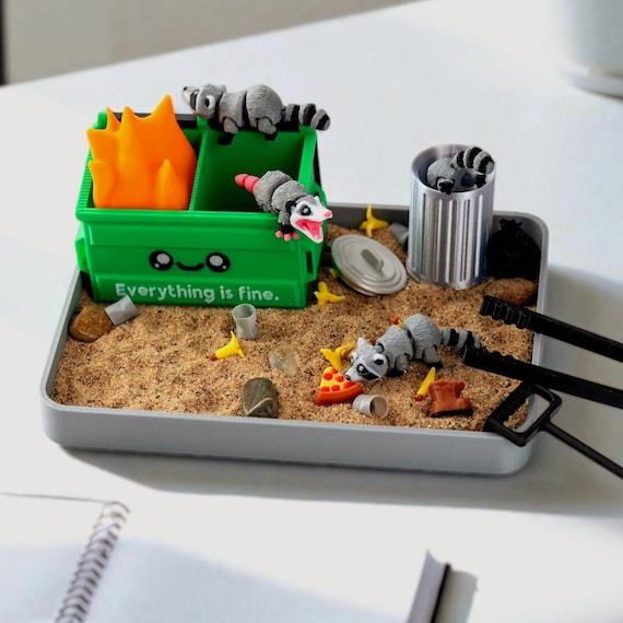 Garbage Fire Zen Garden - Fidget Dumpster Sandbox Toy - Cubicle Decor - Funny Work Gift - Friend Gift - Mini Raccoon - Coworker Gag Gift