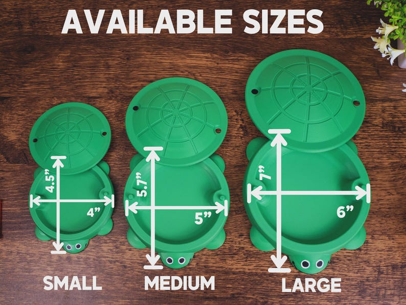 May include: Green turtle-shaped containers in three sizes: small (4" x 4.5"), medium (5" x 5.7"), and large (6" x 7"). Each container has a lid and turtle face design. The text "AVAILABLE SIZES" is at the top.