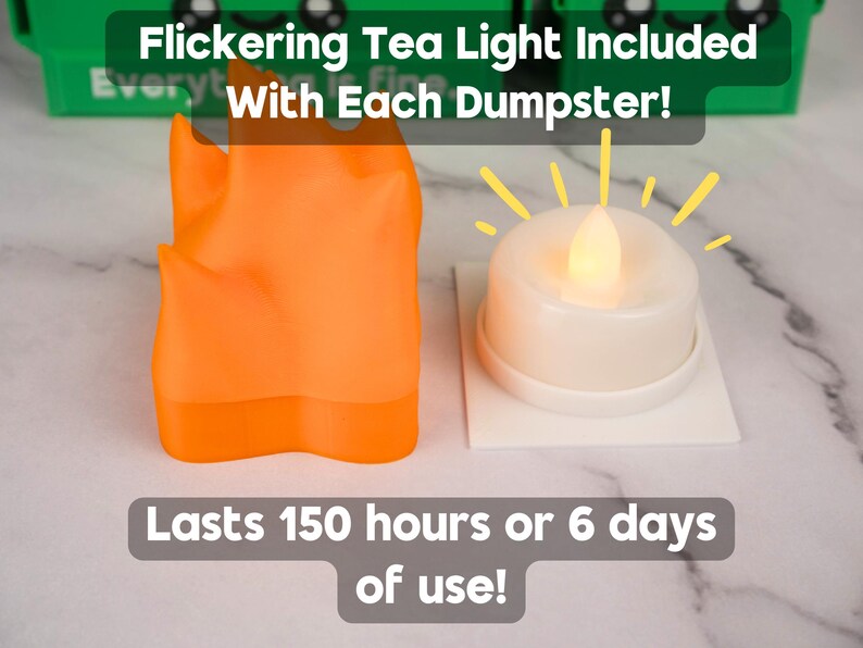 Puede incluir: Una vela de t&eacute; parpadeante incluida con cada contenedor de basura. La vela de t&eacute; es blanca con una llama amarilla y est&aacute; sobre una base blanca. El texto "Dura 150 horas o 6 d&iacute;as de uso!" est&aacute; debajo de la vela de t&eacute;.