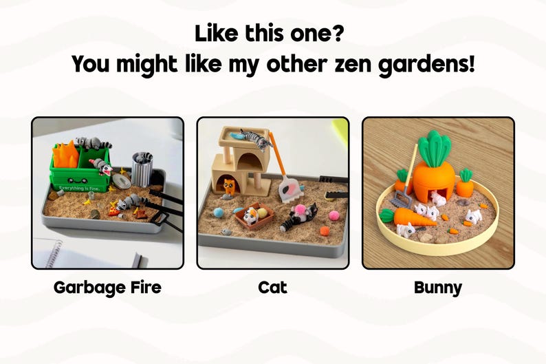 Puede incluir: Tres conjuntos de jardines zen en miniatura con un tema de incendio de basura con mapaches, un tema de gato con un &aacute;rbol para gatos y un tema de conejo con zanahorias. El texto dice: Like this one? You might like my other zen gardens! Garbage Fire, Cat, Bunny.