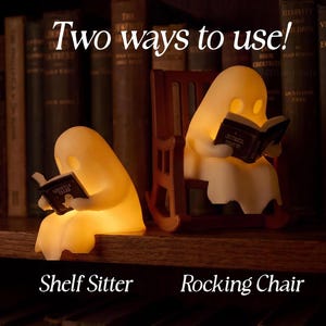 Comparison graphic titled Two ways to use! shows glowing reading ghosts in two arrangements: Shelf Sitter on the shelf edge and Rocking Chair seated in the miniature chair.