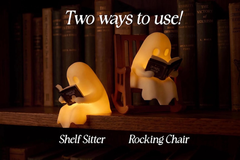 Comparison graphic titled Two ways to use! shows glowing reading ghosts in two arrangements: Shelf Sitter on the shelf edge and Rocking Chair seated in the miniature chair.