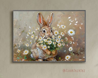 Bunny's in Amidst Daisies Oil Painting, Warm Tone Wall Art, Vintage Spring Print Decor Easter Bunny Wall Art