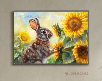 a Wild Rabbit with Sunflower Oil Painting, Vintage Spring Print Decor Easter Bunny warm Wall Art