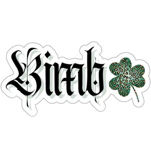 May include: A black and white sticker with the word "Bizzyb" written in a stylized font. A green four-leaf clover with a leopard print pattern is to the right of the word.