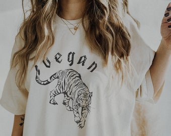 Vegan Tiger Graphic Tee, Vintage Style Rock Band Shirt, Plant Based Apparel
