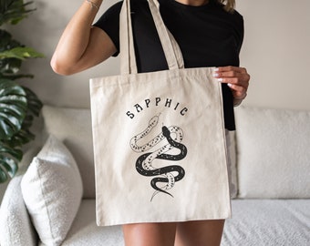 Sapphic Tote, Mystical Snake Celestial Pride Print, Cotton Canvas Bag