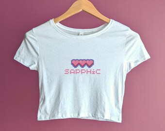 Retro Baby Tee, Sapphic Shirt, Lesbian Crop Tops, Minimalist Top, Pixel Hearts, Lesbian Gamer Girl, 90s 2000s Aesthetic, Pride