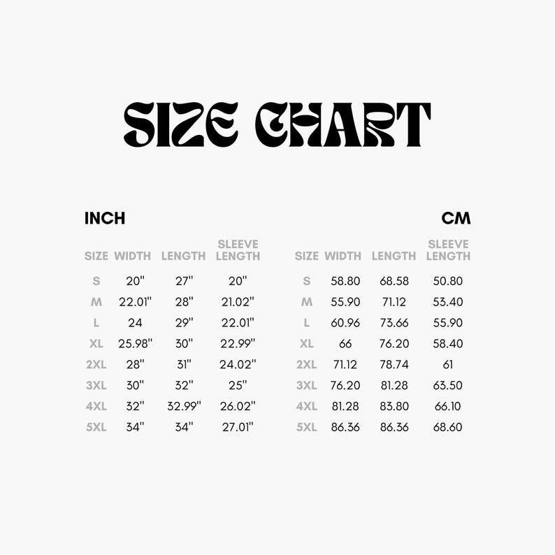 May include: Size chart for clothing in inches and centimeters. The chart shows the size, width, length, and sleeve length for sizes S through 5XL.