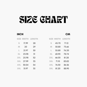 May include: Size chart for clothing in inches and centimeters. The chart shows the size, width, and length measurements for sizes S through 5XL.
