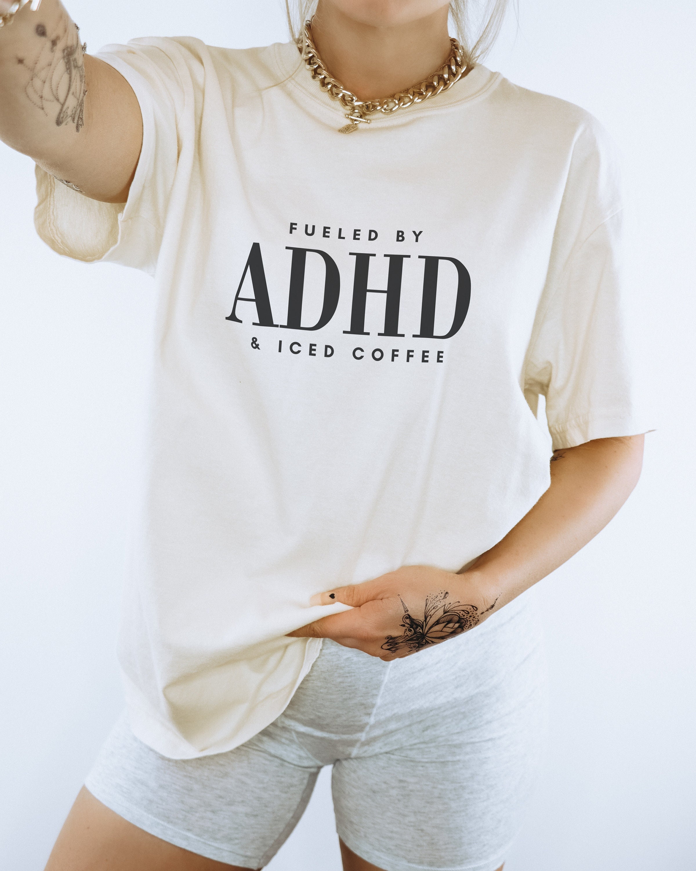 Funny ADHD Shirt, Fueled By ADHD And Iced Coffee, Mental Health Gift, Neurodiversity, Neurospicy, AuDHD, Minimalist Tee, Vintage Aesthetic