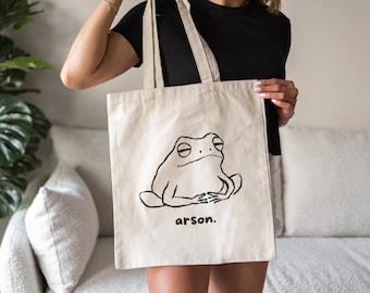 Arson, Frog Tote Bag, Unhinged, Weirdcore, Cursed, Oddly Specific, Weird, Frog Meme, Funny Frog, Stupid Gift, Silly Frog, Minimalist