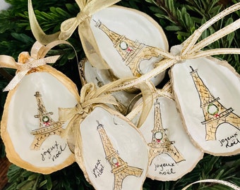 Real Oyster seashell hand painted Paris France Eiffel Tower ornament, Joyeux Noel, francophile gift, Christmas ornament hand drawn gold