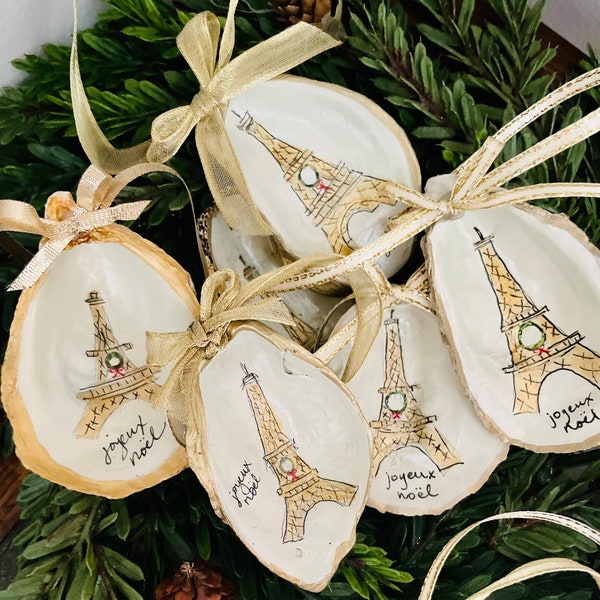 Real Oyster seashell hand painted Paris France Eiffel Tower ornament, Joyeux Noel, francophile gift, Christmas ornament hand drawn gold