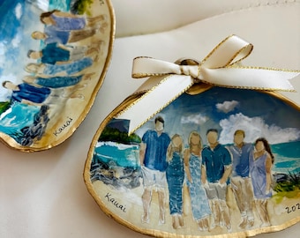 Personalized Family Portrait Painting in Seashell – Watercolor Couple Vacation Art Gift
