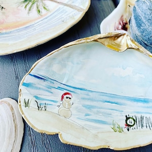 Coastal Seashell Christmas Ornament | Hand-Painted Snowman Beach Santa Hat Watercolor Scene