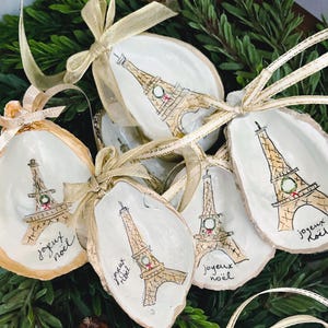 French Christmas Decor Hand-painted Eiffel Tower Oyster Shell Ornament with Joyeux Noël