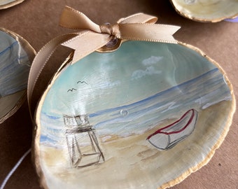 Handpainted seashell lifeboat ornament, NJ beaches, real clamshell watercolor painted with scene, beach gift