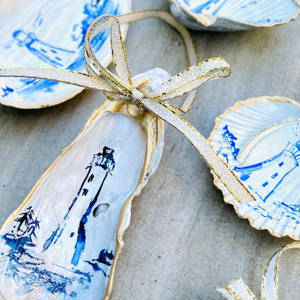 Handpainted real oyster scallop ornament ring dish, chinoiserie/Dutch tile, ginger jar, lighthouse, custom designs, blue + white