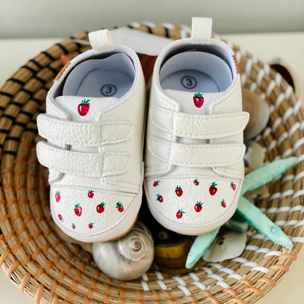 Custom handpainted strawberry baby toddler crib shoes, painted berry infant shoes