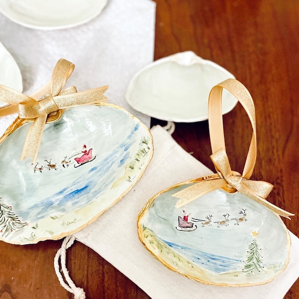 Personalized Seashell Christmas Ornament Gift | Hand-Painted Watercolor of Santa Sleigh Coastal Beach Scene