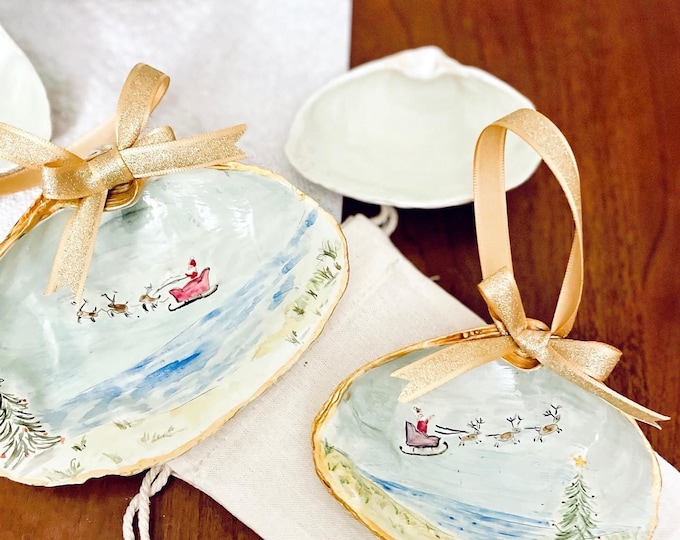 Personalized Seashell Christmas Ornament Gift | Hand-Painted Watercolor of Santa Sleigh Coastal Beach Scene