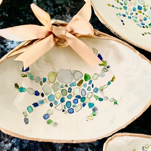 Handpainted seashell ornament with ribbon, real clamshell from beach in NJ painted, seaglass crab shell bluecrab, trinket dish