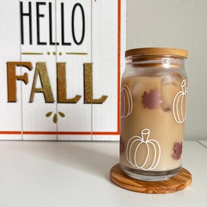 Customizable Pumpkin Iced Coffee Cup | White Pumpkin Glass Cup | Fall Coffee Cup | Glass Cup with Lid | Neutral Fall Cup | Fall Glass Can
