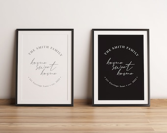 Impresión personalizada de bienvenida a casa: Arte moderno con nombre de familia (descarga digital)
